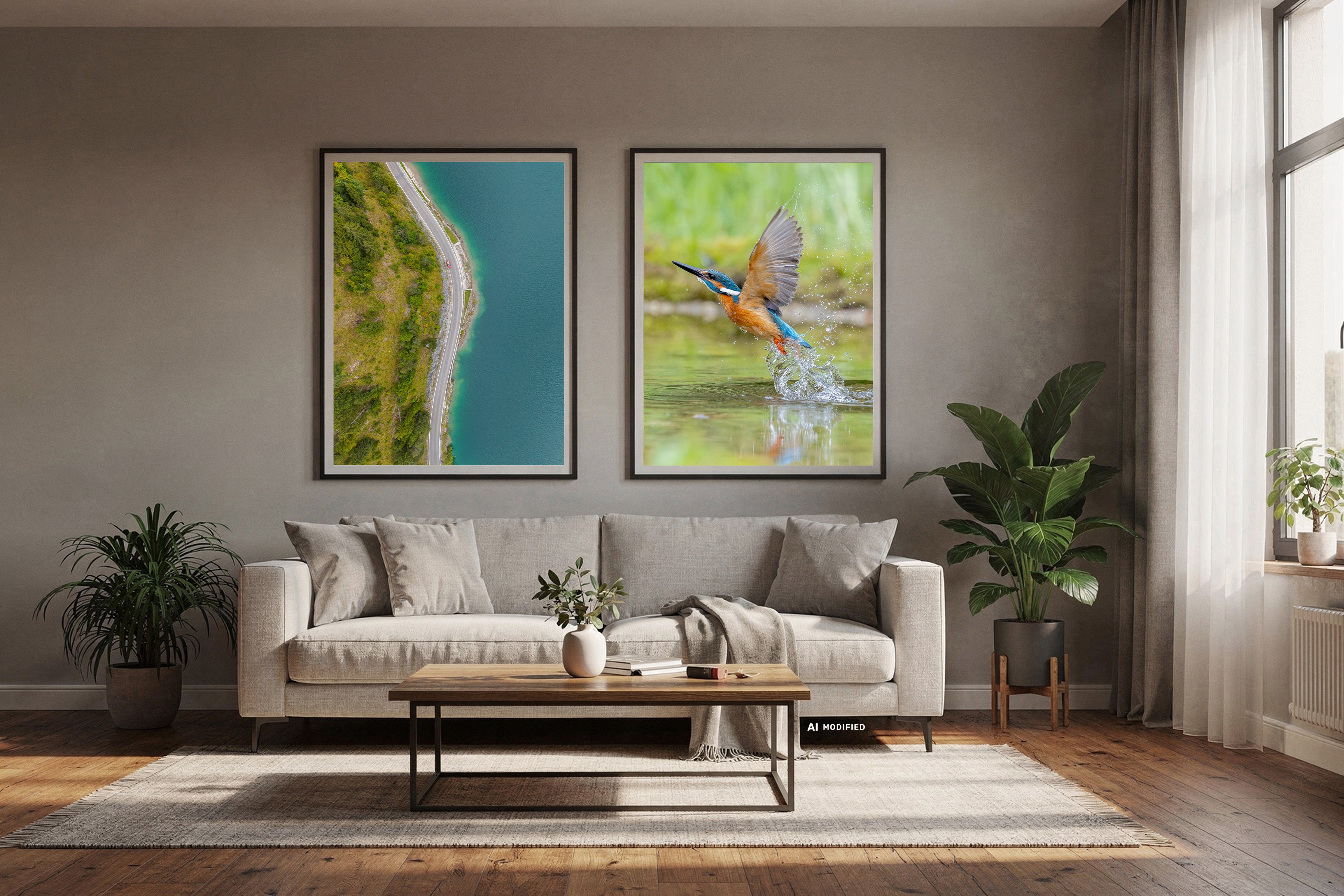 Dronenaufnahme von einem See sowie ein Eisvogel Bild  in einem modernen Wohnzimmer